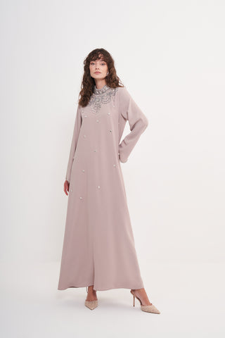 Ön Yaka Full Taş İşleme Detaylı Elbise - Bej