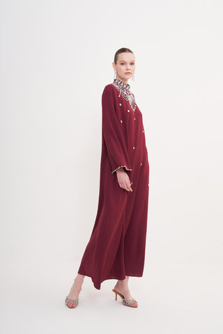 Ön Yaka Full Taş İşleme Detaylı Elbise - Bordo