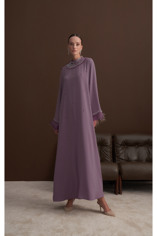 Kol Ucu ve Ön Yaka Boydan Taş İşleme Detaylı Elbise - mor 