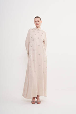 Boydan Taş İşleme Detaylı Elbise - bej