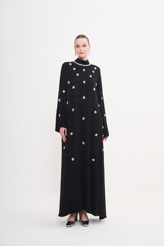 Boydan Taş İşleme Detaylı Elbise - siyah