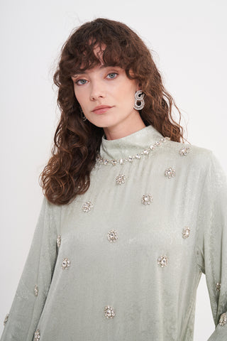 Boydan Taş İşleme Detaylı Elbise - mint yeşili