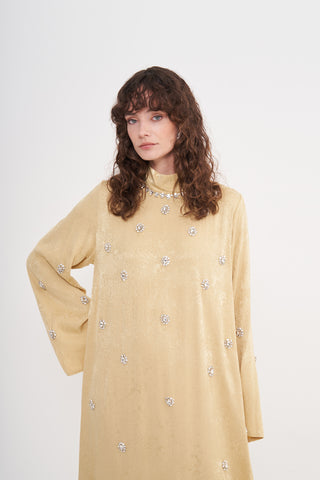 Boydan Taş İşleme Detaylı Elbise - sarı
