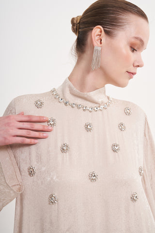 Boydan Taş İşleme Detaylı Elbise - bej