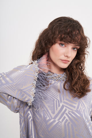 Yakası Taş ve Tüy Detaylı Elbise - Mavi 