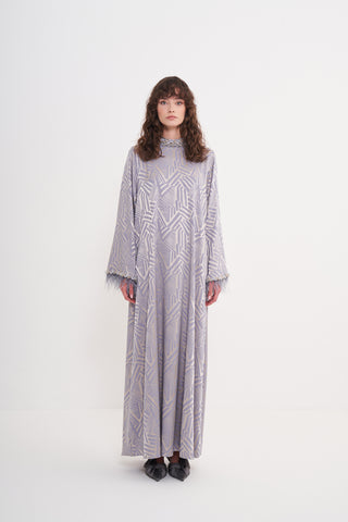 Yakası Taş ve Tüy Detaylı Elbise - Mavi 