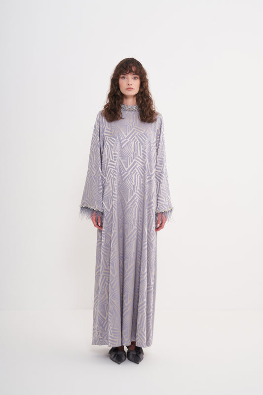 Yakası Taş ve Tüy Detaylı Elbise - Mavi 