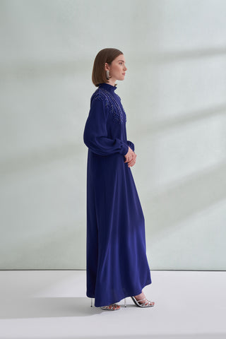 Omuz El İşi Boncuk İşleme Detaylı Elbise - morcivert