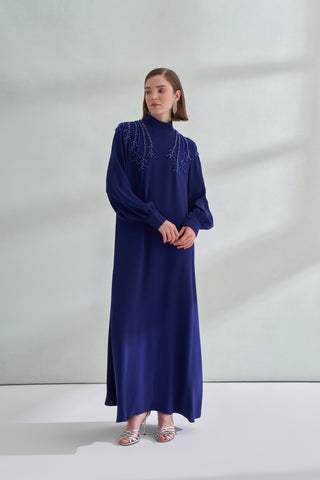 Omuz El İşi Boncuk İşleme Detaylı Elbise - morcivert