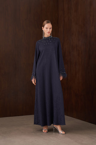 Taş ve Tüy Detaylı Jakarlı Elbise - lacivert