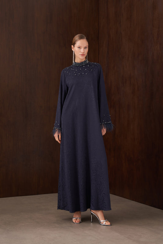 Taş ve Tüy Detaylı Jakarlı Elbise - lacivert