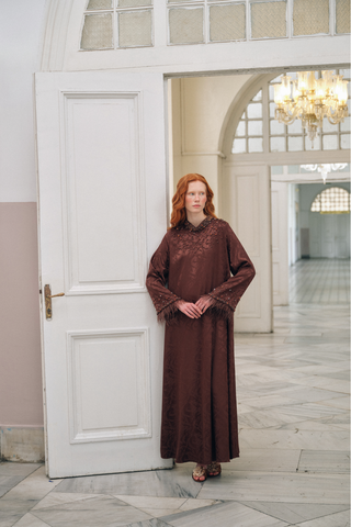 Taş ve Tüy Detaylı Jakarlı Elbise - kahve2