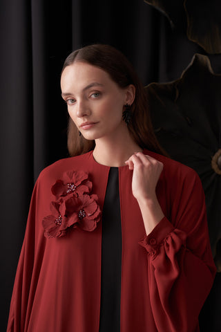 Çiçek Aksesuar Detaylı Şifon Elbise - bordo