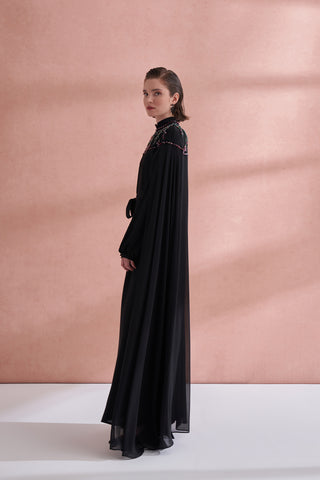 Hakim Yaka El İşi Boncuk ve Pelerin Detaylı Elbise - siyah