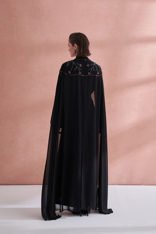 Hakim Yaka El İşi Boncuk ve Pelerin Detaylı Elbise - siyah