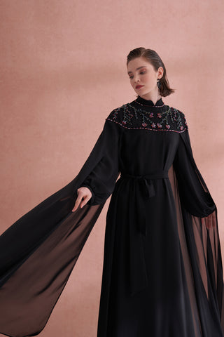 Hakim Yaka El İşi Boncuk ve Pelerin Detaylı Elbise - siyah