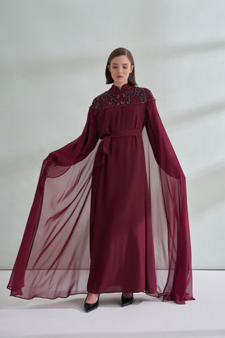 Hakim Yaka El İşi Boncuk ve Pelerin Detaylı Elbise - bordo