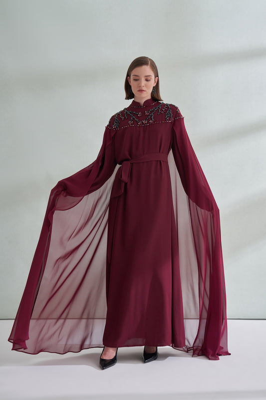 Hakim Yaka El İşi Boncuk ve Pelerin Detaylı Elbise - bordo