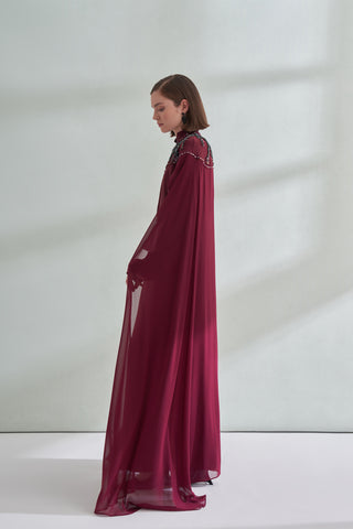 Hakim Yaka El İşi Boncuk ve Pelerin Detaylı Elbise - bordo
