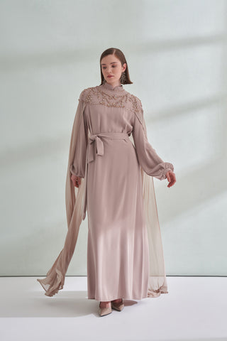 Hakim Yaka El İşi Boncuk ve Pelerin Detaylı Elbise - bej