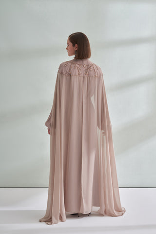 Hakim Yaka El İşi Boncuk ve Pelerin Detaylı Elbise - bej