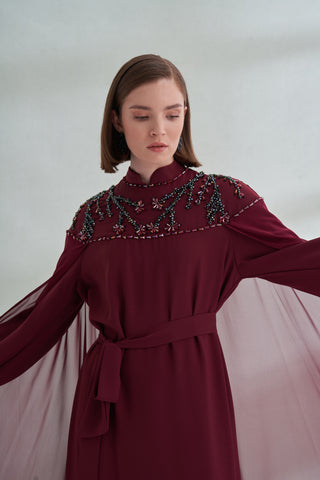 Hakim Yaka El İşi Boncuk ve Pelerin Detaylı Elbise - bordo