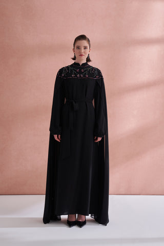 Hakim Yaka El İşi Boncuk ve Pelerin Detaylı Elbise - siyah