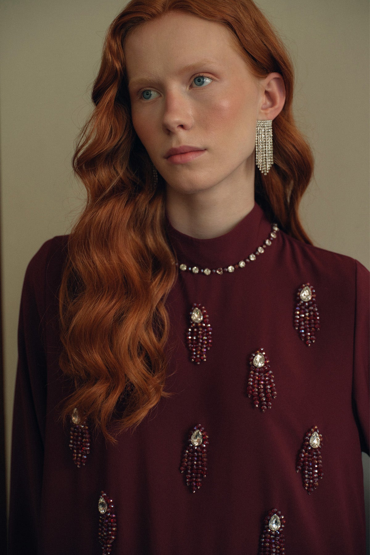 Özel Taş ve Boncuk Detaylı Elbise - bordo