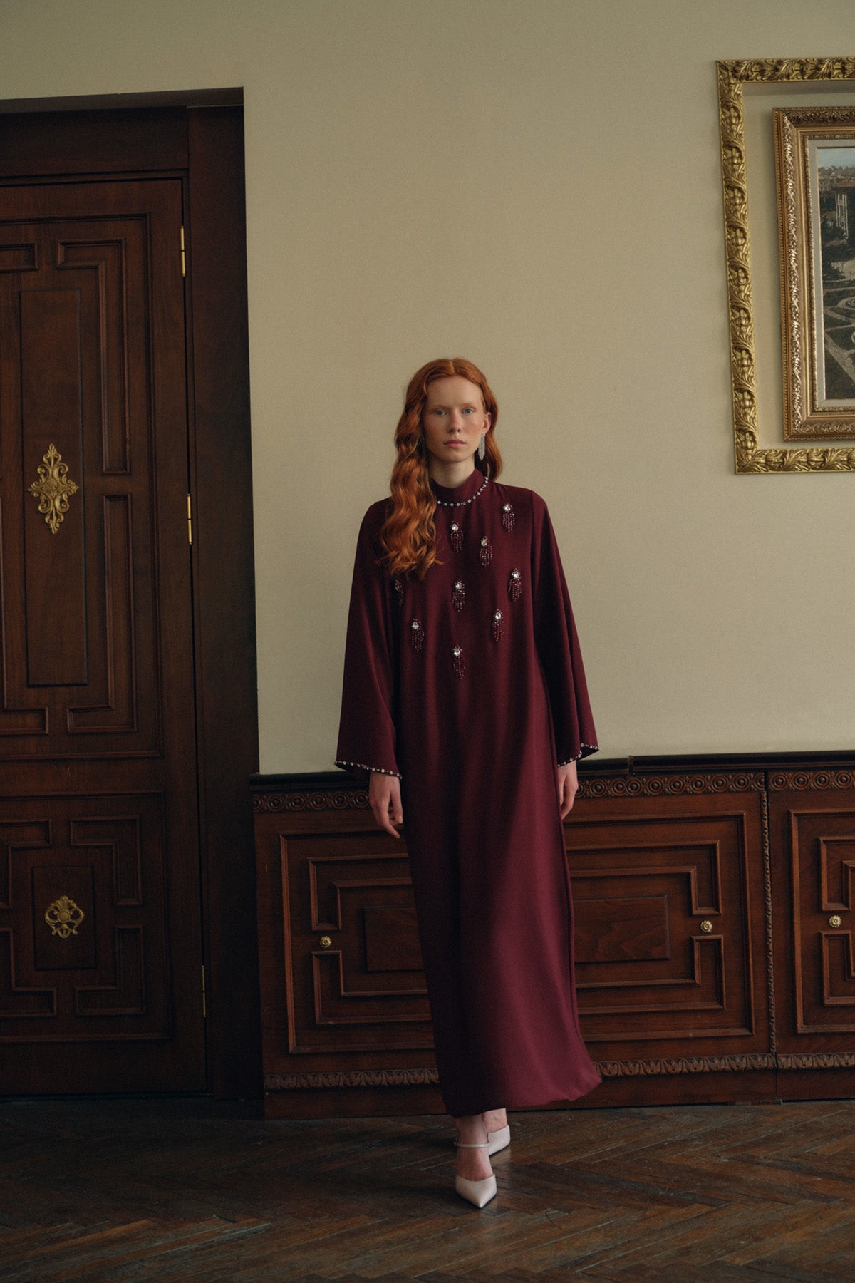 Özel Taş ve Boncuk Detaylı Elbise - bordo