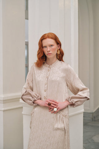 Ön Patlı Kolları Balonlu Etek Kısmı Organze Detaylı Elbise - bej