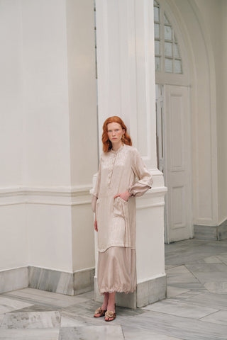 Ön Patlı Kolları Balonlu Etek Kısmı Organze Detaylı Elbise - bej