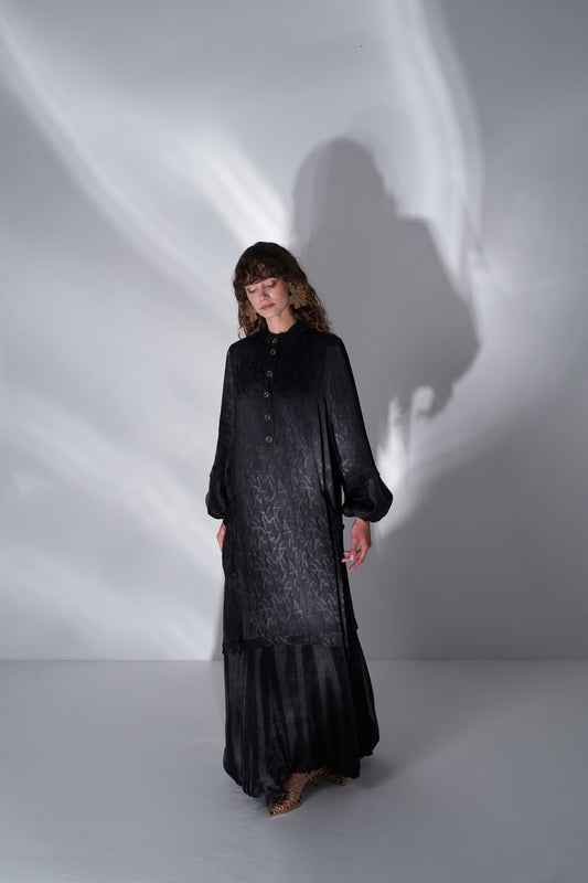 Ön Patlı Kolları Balonlu Etek Kısmı Organze Detaylı Elbise - siyah