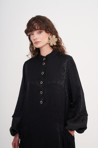 Ön Patlı Kolları Balonlu Etek Kısmı Organze Detaylı Elbise - siyah