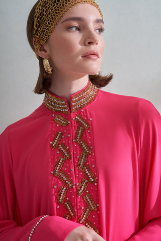 Ön Yaka El İşi Boncuk Detaylı Elbise - fuşya