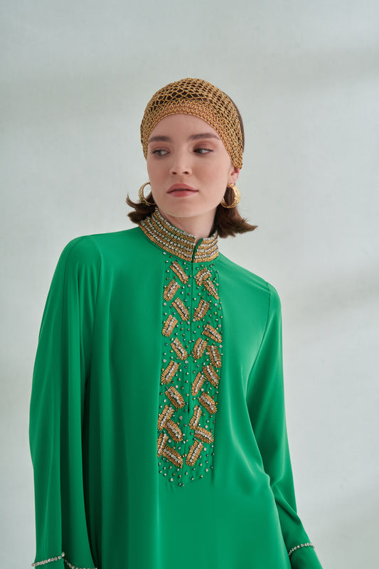 Ön Yaka El İşi Boncuk Detaylı Elbise - benetton yeşili