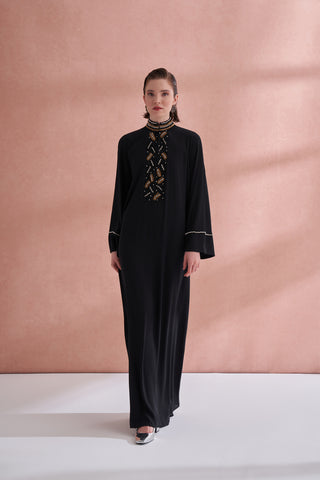 Ön Yaka El İşi Boncuk Detaylı Elbise - siyah