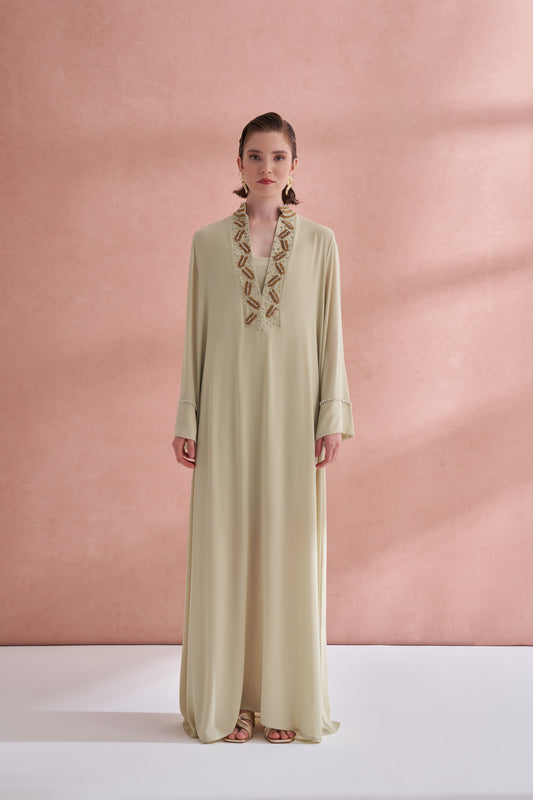 Ön Yaka El İşi Boncuk Detaylı Elbise - mimoza