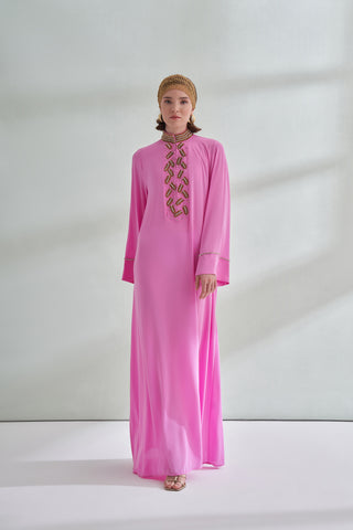 Ön Yaka El İşi Boncuk Detaylı Elbise - pembe