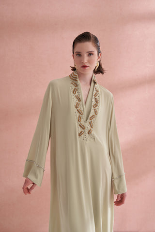 Ön Yaka El İşi Boncuk Detaylı Elbise - mimoza