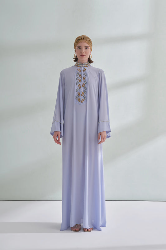 Ön Yaka El İşi Boncuk Detaylı Elbise - mavi