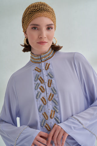 Ön Yaka El İşi Boncuk Detaylı Elbise - mavi