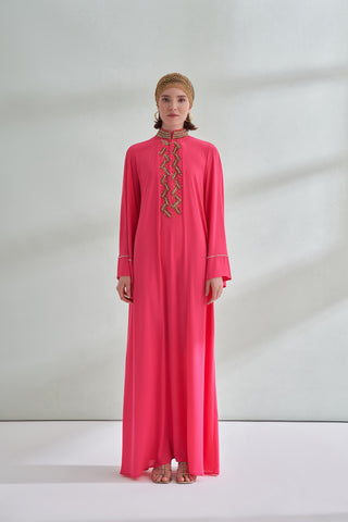 Ön Yaka El İşi Boncuk Detaylı Elbise - fuşya