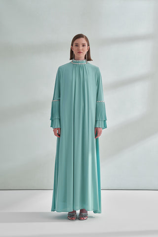 Taş ve Kolları Pilise Detaylı Elbise - turkuaz