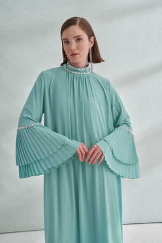 Taş ve Kolları Pilise Detaylı Elbise - turkuaz