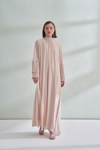 Taş ve Kolları Pilise Detaylı Elbise - bej