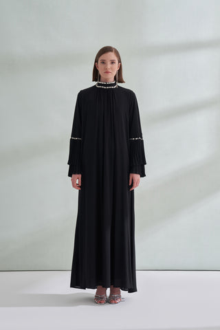 Taş ve Kolları Pilise Detaylı Elbise - siyah