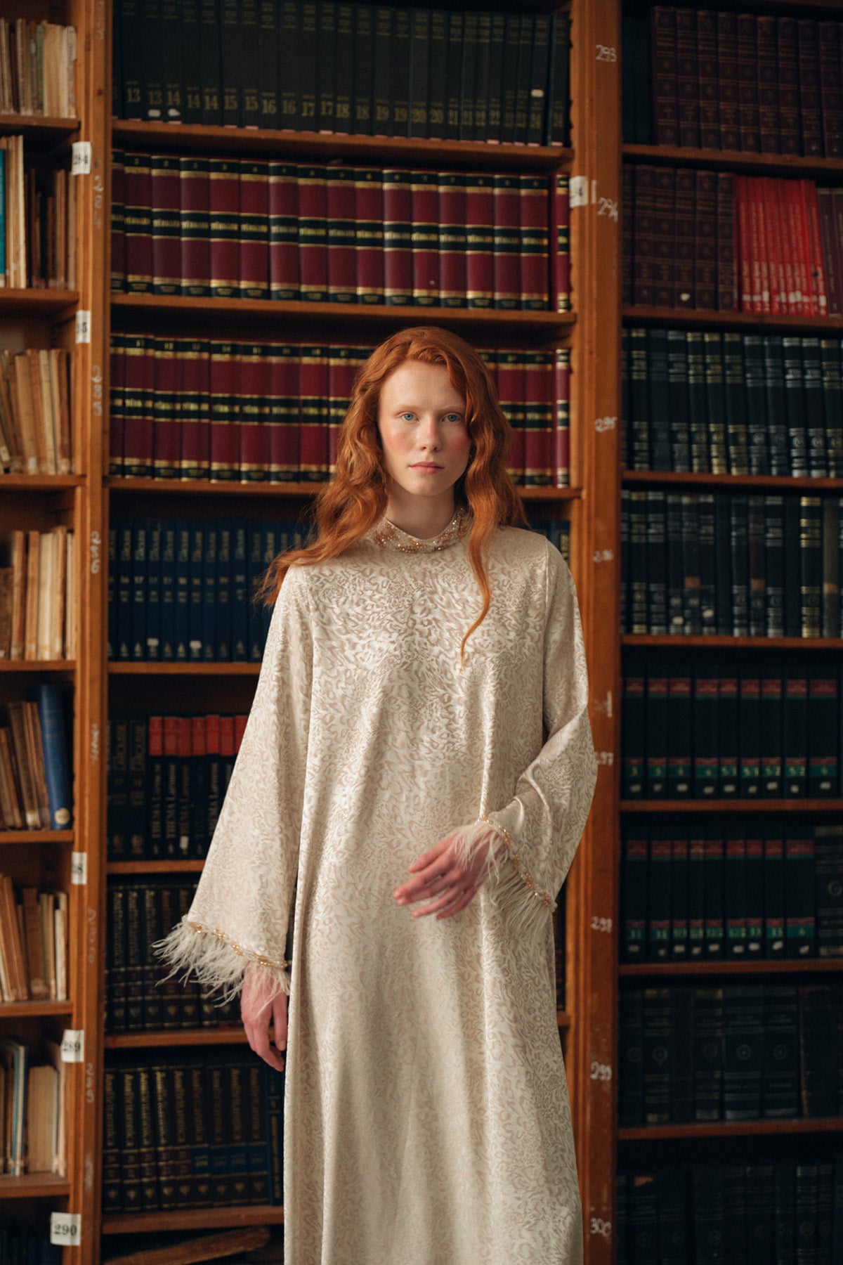 Taş ve Tüy Detaylı Jakarlı Elbise - bej