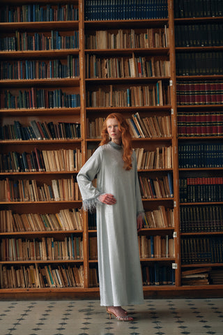 Taş ve Tüy Detaylı Jakarlı Elbise - mavi