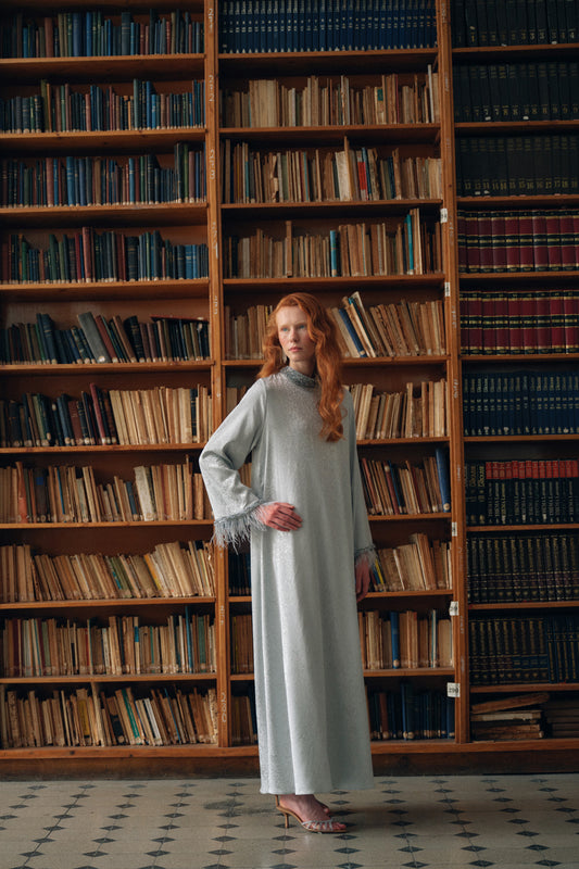 Taş ve Tüy Detaylı Jakarlı Elbise - mavi