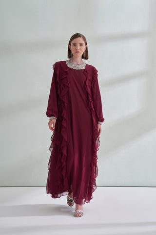 Kol ve Yaka Taş Detaylı Önü Boydan Fırfırlı Elbise - bordo